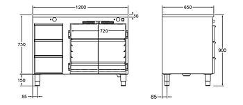 GastroTeknik - Värmehurts - 1200 x 650 x 900 mm - 3 st lådor för GN 1/1 150 mm - Samt dubbelt värmeskåp med slagdörrar