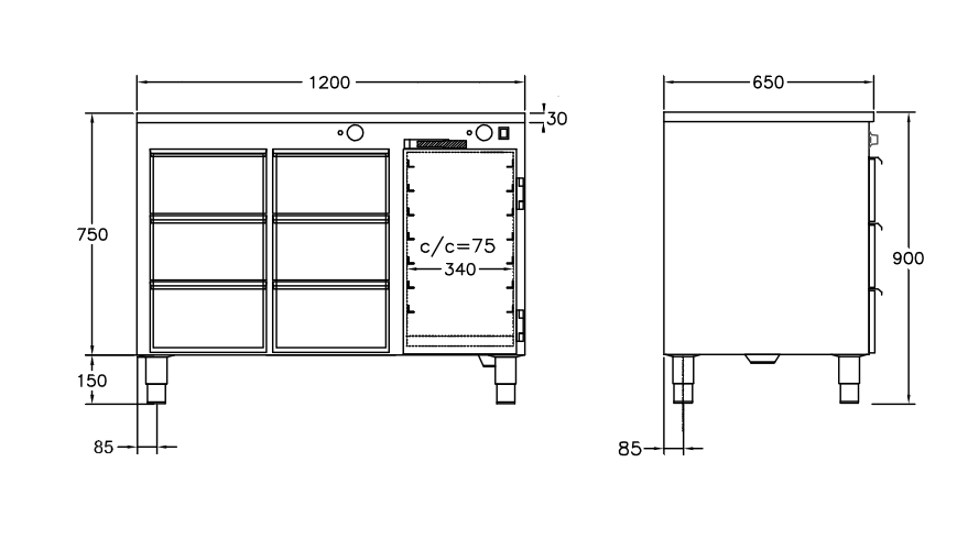 GastroTeknik - Värmehurts - 1200 x 650 x 900 mm - 6 st lådor för GN 1/1 150 mm - Samt värmeskåp med slagdörr