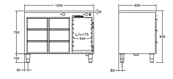 GastroTeknik - Värmehurts - 1200 x 650 x 900 mm - 6 st lådor för GN 1/1 150 mm - Samt värmeskåp med slagdörr