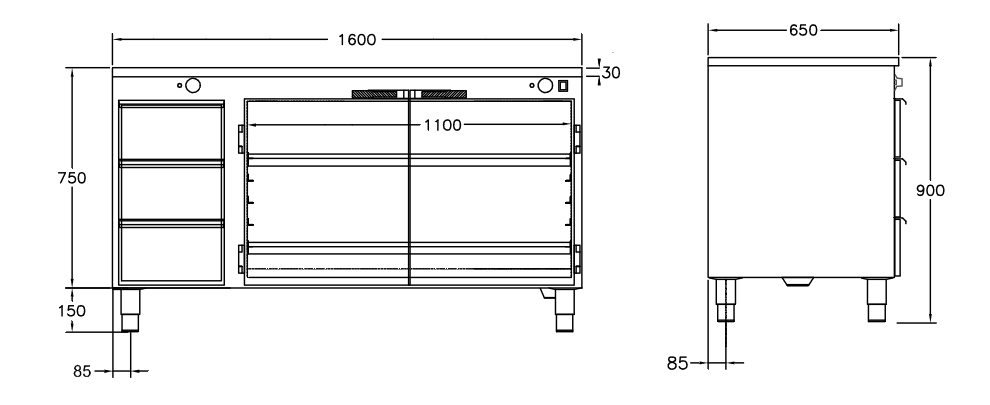 GastroTeknik - Värmehurts - 1600 x 650 x 900 mm - 3 st lådor för GN 1/1 150 mm - Samt dubbelt stort värmeskåp med slagdörrar