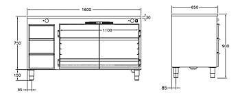 GastroTeknik - Värmehurts - 1600 x 650 x 900 mm - 3 st lådor för GN 1/1 150 mm - Samt dubbelt stort värmeskåp med slagdörrar