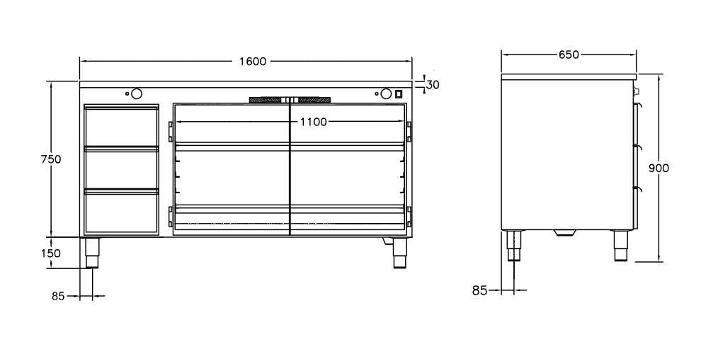 GastroTeknik - Värmehurts - 1600 x 650 x 900 mm - 3 st lådor för GN 1/1 150 mm - Samt dubbelt stort värmeskåp med slagdörrar