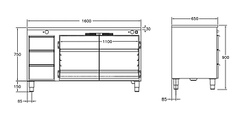 GastroTeknik - Värmehurts - 1600 x 650 x 900 mm - 3 st lådor för GN 1/1 150 mm - Samt dubbelt stort värmeskåp med slagdörrar