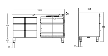 GastroTeknik - Värmehurts - 1600 x 650 x 900 mm - 6 st lådor för GN 1/1 150 mm - Samt dubbelt värmeskåp med slagdörrar