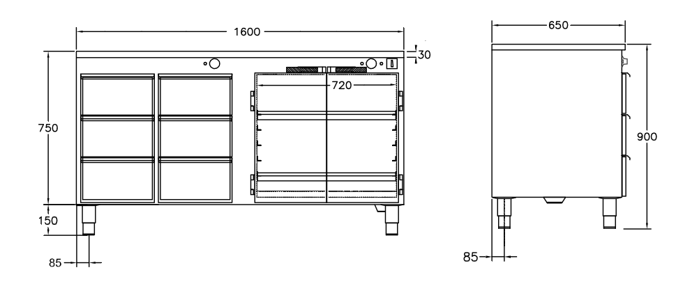 GastroTeknik - Värmehurts - 1600 x 650 x 900 mm - 6 st lådor för GN 1/1 150 mm - Samt dubbelt värmeskåp med slagdörrar