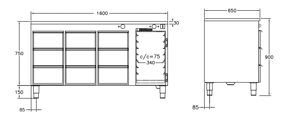 GastroTeknik - Värmehurts - 1600 x 650 x 900 mm - 9 st lådor för GN 1/1 150 mm - Samt värmeskåp med slagdörr