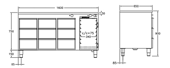 GastroTeknik - Värmehurts - 1600 x 650 x 900 mm - 9 st lådor för GN 1/1 150 mm - Samt värmeskåp med slagdörr