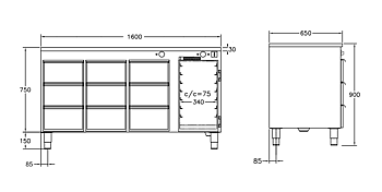 GastroTeknik - Värmehurts - 1600 x 650 x 900 mm - 9 st lådor för GN 1/1 150 mm - Samt värmeskåp med slagdörr
