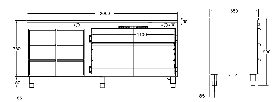 GastroTeknik - Värmehurts - 2000 x 650 x 900 mm - 6 st lådor för GN 1/1 150 mm - Samt dubbelt stort värmeskåp med slagdörrar