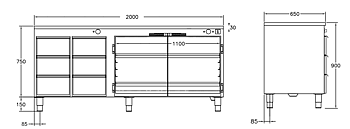 GastroTeknik - Värmehurts - 2000 x 650 x 900 mm - 6 st lådor för GN 1/1 150 mm - Samt dubbelt stort värmeskåp med slagdörrar