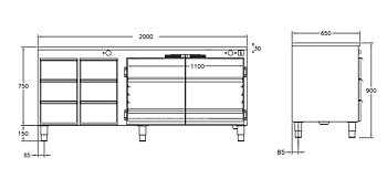 GastroTeknik - Värmehurts - 2000 x 650 x 900 mm - 6 st lådor för GN 1/1 150 mm - Samt dubbelt stort värmeskåp med slagdörrar
