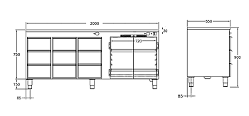 GastroTeknik - Värmehurts - 2000 x 650 x 900 mm - 9 st lådor för GN 1/1 150 mm - Samt dubbelt värmeskåp med slagdörrar