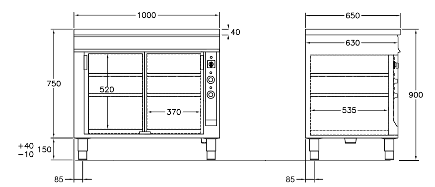 GastroTeknik - Värmeskåp - 1000 x 650 x 900 mm - 2 st skjutdörrar - Värmd toppskiva