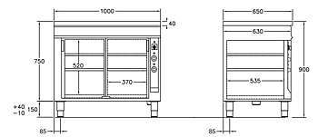 GastroTeknik - Värmeskåp - 1000 x 650 x 900 mm - 2 st skjutdörrar - Värmd toppskiva