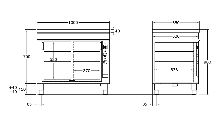GastroTeknik - Värmeskåp - 1000 x 650 x 900 mm - 2 st skjutdörrar - Värmd toppskiva