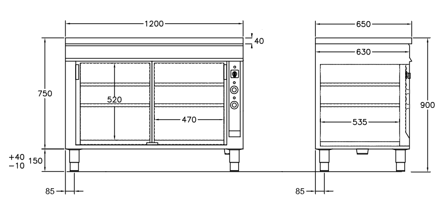 GastroTeknik - Värmeskåp - 1200 x 650 x 900 mm - 2 st skjutdörrar - Värmd toppskiva
