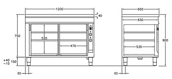 GastroTeknik - Värmeskåp - 1200 x 650 x 900 mm - 2 st skjutdörrar - Värmd toppskiva