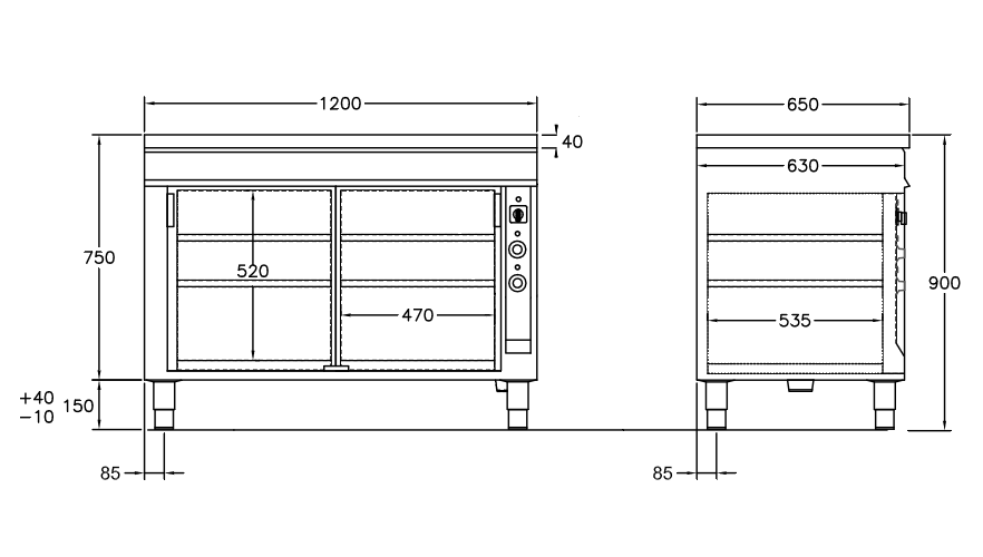 GastroTeknik - Värmeskåp - 1200 x 650 x 900 mm - 2 st skjutdörrar - Värmd toppskiva