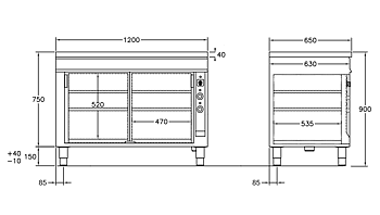 GastroTeknik - Värmeskåp - 1200 x 650 x 900 mm - 2 st skjutdörrar - Värmd toppskiva
