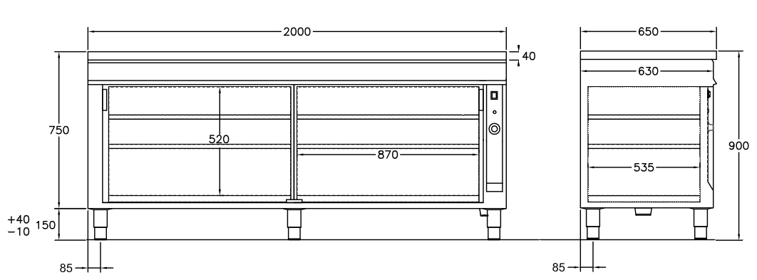 GastroTeknik - Värmeskåp - 2000 x 650 x 900 mm - 2 st skjutdörrar