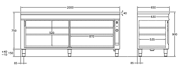GastroTeknik - Värmeskåp - 2000 x 650 x 900 mm - 2 st skjutdörrar