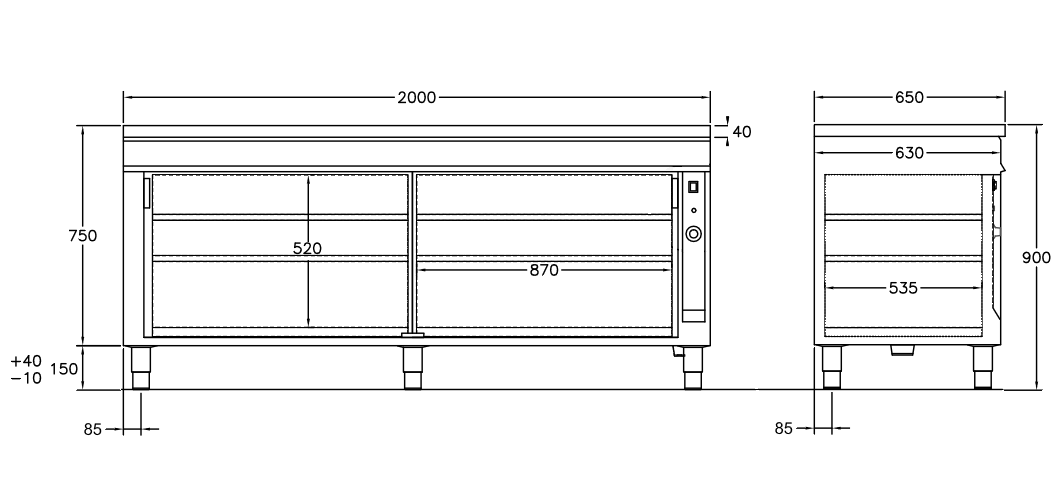GastroTeknik - Värmeskåp - 2000 x 650 x 900 mm - 2 st skjutdörrar