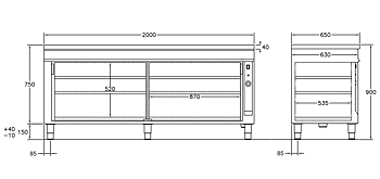 GastroTeknik - Värmeskåp - 2000 x 650 x 900 mm - 2 st skjutdörrar
