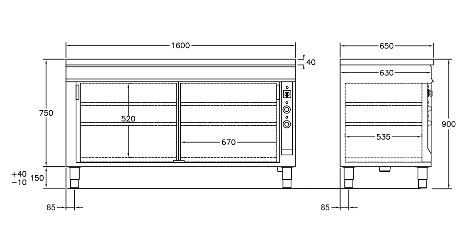 GastroTeknik - Värmeskåp - 1600 x 650 x 900 mm - 2 st skjutdörrar - Värmd toppskiva