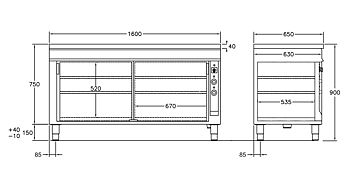 GastroTeknik - Värmeskåp - 1600 x 650 x 900 mm - 2 st skjutdörrar - Värmd toppskiva