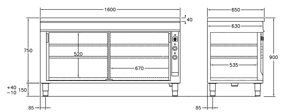 GastroTeknik - Värmeskåp - 1600 x 650 x 900 mm - 2 st skjutdörrar - Värmd toppskiva