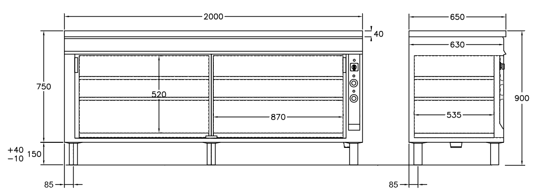 GastroTeknik - Värmeskåp - 2000 x 650 x 900 mm - 2 st skjutdörrar - Värmd toppskiva