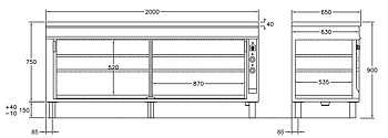 GastroTeknik - Värmeskåp - 2000 x 650 x 900 mm - 2 st skjutdörrar - Värmd toppskiva