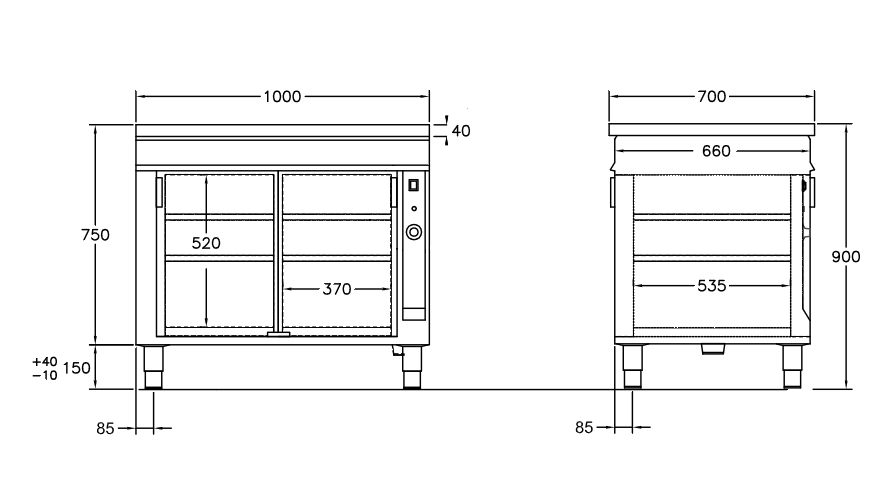 GastroTeknik - Värmeskåp - 1000 x 700 x 900 mm - 2 st skjutdörrar - Genomgående beskickning
