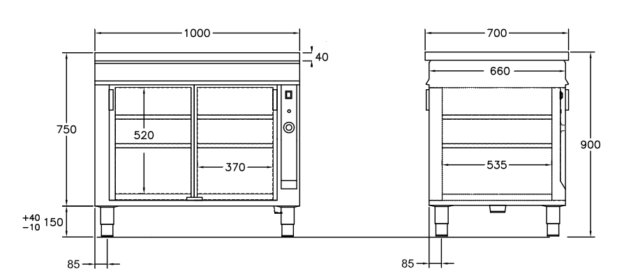 GastroTeknik - Värmeskåp - 1000 x 700 x 900 mm - 2 st skjutdörrar - Genomgående beskickning