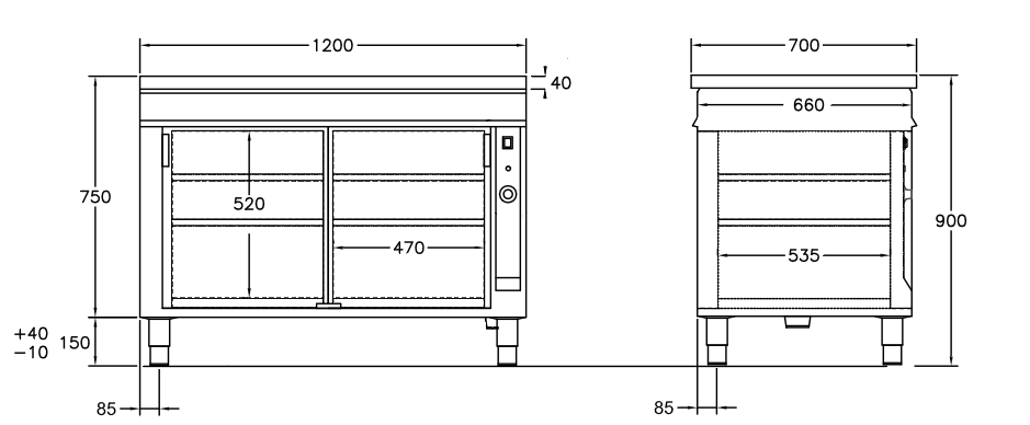 GastroTeknik - Värmeskåp - 1200 x 700 x 900 mm - 2 st skjutdörrar - Genomgående beskickning