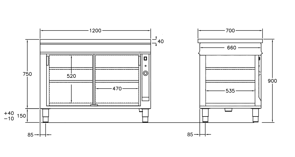 GastroTeknik - Värmeskåp - 1200 x 700 x 900 mm - 2 st skjutdörrar - Genomgående beskickning