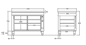 GastroTeknik - Värmeskåp - 1200 x 700 x 900 mm - 2 st skjutdörrar - Genomgående beskickning