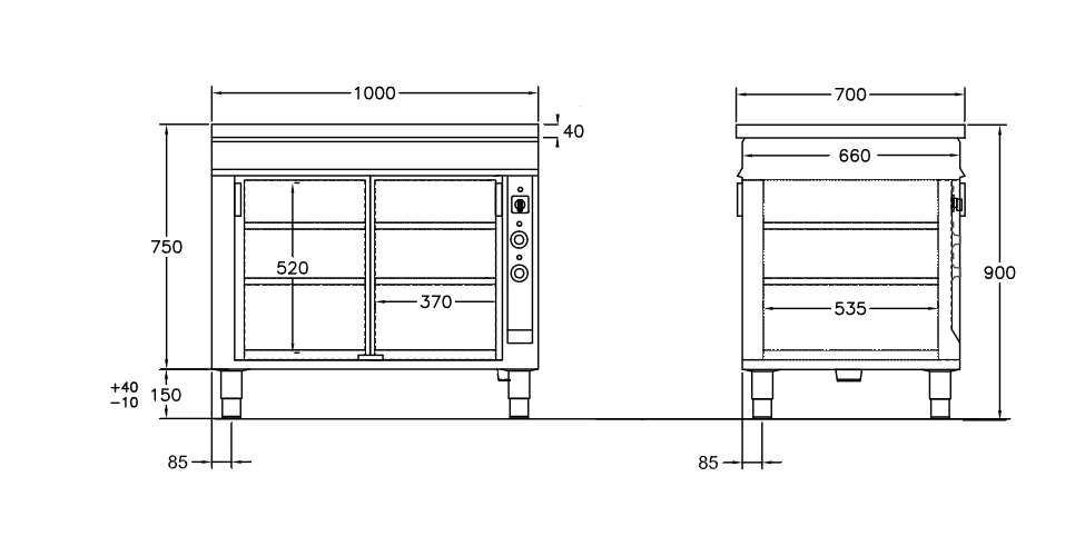 GastroTeknik - Värmeskåp - 1000 x 700 x 900 mm - 2 st skjutdörrar - Genomgående beskickning - Värmd toppskiva