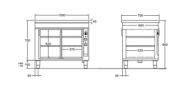 GastroTeknik - Värmeskåp - 1000 x 700 x 900 mm - 2 st skjutdörrar - Genomgående beskickning - Värmd toppskiva
