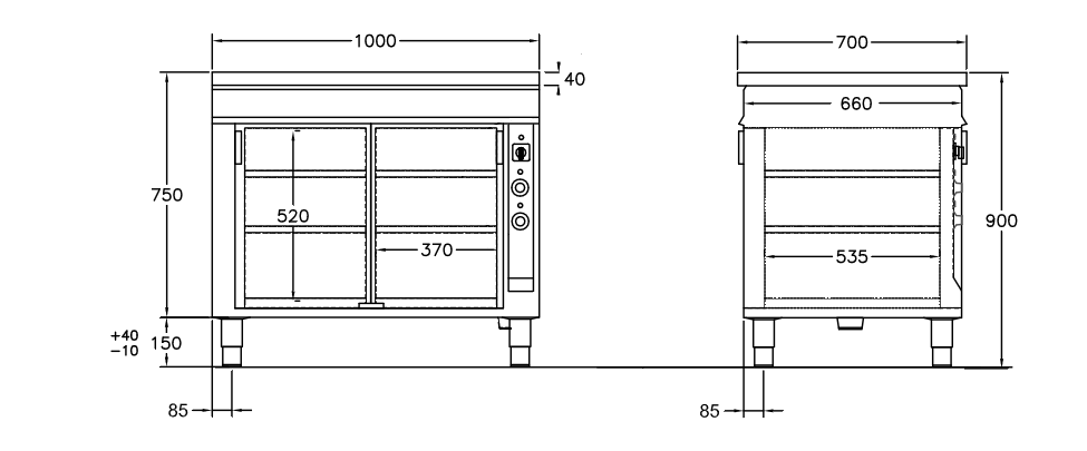 GastroTeknik - Värmeskåp - 1000 x 700 x 900 mm - 2 st skjutdörrar - Genomgående beskickning - Värmd toppskiva