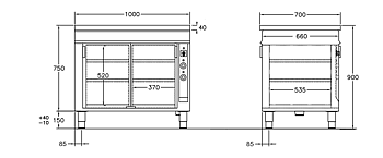 GastroTeknik - Värmeskåp - 1000 x 700 x 900 mm - 2 st skjutdörrar - Genomgående beskickning - Värmd toppskiva