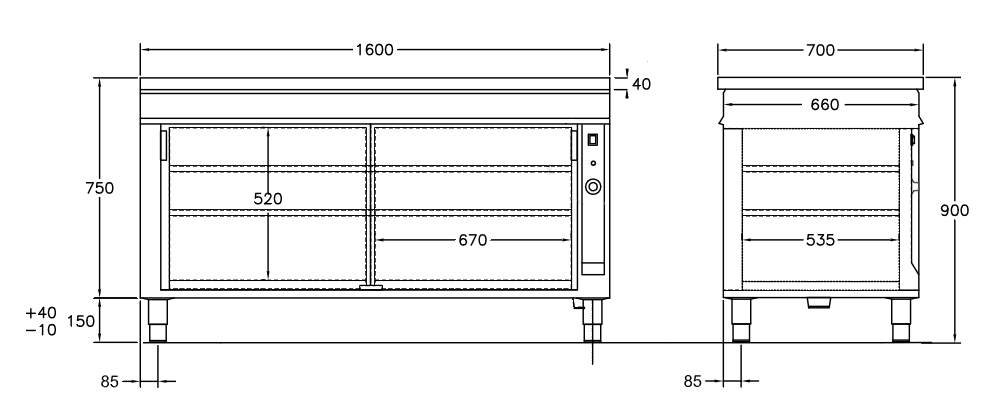 GastroTeknik - Värmeskåp - 1600 x 700 x 900 mm - 2 st skjutdörrar - Genomgående beskickning