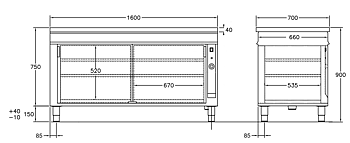 GastroTeknik - Värmeskåp - 1600 x 700 x 900 mm - 2 st skjutdörrar - Genomgående beskickning