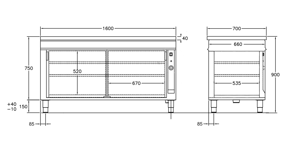 GastroTeknik - Värmeskåp - 1600 x 700 x 900 mm - 2 st skjutdörrar - Genomgående beskickning