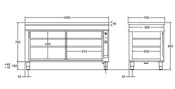 GastroTeknik - Värmeskåp - 1600 x 700 x 900 mm - 2 st skjutdörrar - Genomgående beskickning