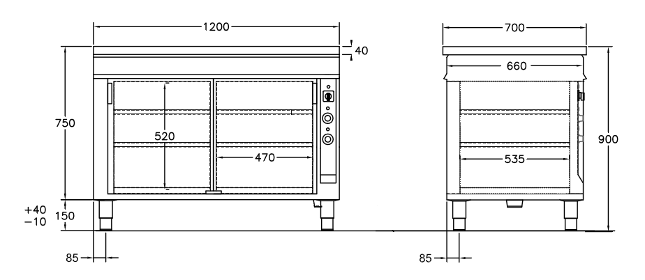 GastroTeknik - Värmeskåp - 1200 x 700 x 900 mm - 2 st skjutdörrar - Genomgående beskickning - Värmd toppskiva
