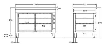 GastroTeknik - Värmeskåp - 1200 x 700 x 900 mm - 2 st skjutdörrar - Genomgående beskickning - Värmd toppskiva