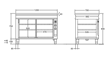 GastroTeknik - Värmeskåp - 1200 x 700 x 900 mm - 2 st skjutdörrar - Genomgående beskickning - Värmd toppskiva