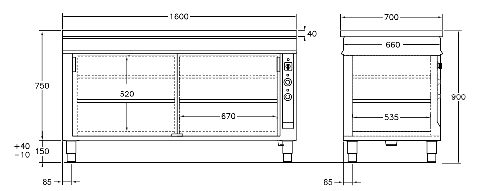 GastroTeknik - Värmeskåp - 1600 x 700 x 900 mm - 2 st skjutdörrar - Genomgående beskickning - Värmd toppskiva