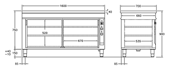 GastroTeknik - Värmeskåp - 1600 x 700 x 900 mm - 2 st skjutdörrar - Genomgående beskickning - Värmd toppskiva